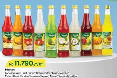 Promo Harga Marjan Syrup Squash FruitPunch, Orange, Strawberry, Leci, Melon, Coco Pandan, Sirsak, Jambu, Mango, Nanas 450 ml - TIP TOP