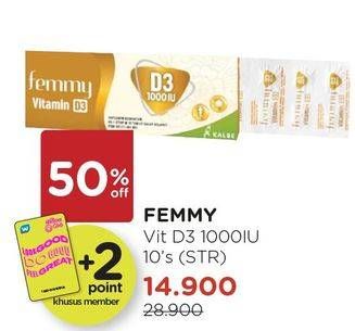 Promo Harga FEMMY Vitamin D3 1000IU 10 pcs - Watsons