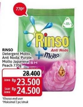 Promo Harga RINSO Anti Noda Deterjen Bubuk + Molto Purple Perfume Essence, + Molto Japanese Peach 770 gr - Alfamidi