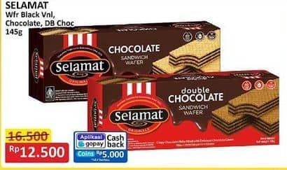 Promo Harga Selamat Wafer Black Vanilla, Chocolate, Double Chocolate 145 gr - Alfamart