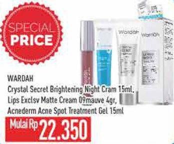 Promo Harga WARDAH Crystal Secret Brightening Night Cream 15ml / Lips Exclusive Matte Cream 09 Mauve 4gr / Acnederm Acne Spot Treatment Gel 15ml  - Hypermart