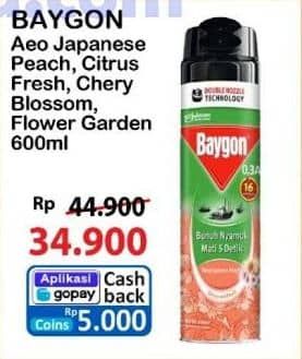 Promo Harga Baygon Insektisida Spray Japanese Peach, Citrus Fresh, Cherry Blossom, Flower Garden 600 ml - Alfamart