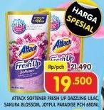 Promo Harga ATTACK Fresh Up Softener Dazzling Lilac, Joyful Paradise, Sakura Blossom 680 ml - Superindo