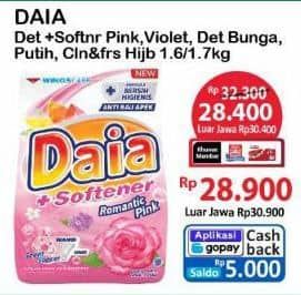 Promo Harga Daia Deterjen Bubuk Bunga, Clean Fresh Hijab, Putih, + Softener Pink, + Softener Violet 1700 gr - Alfamart