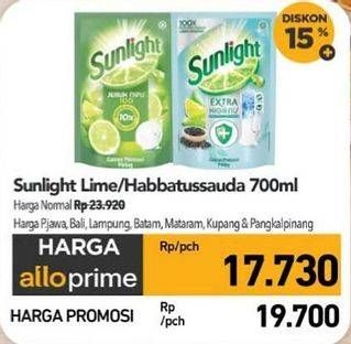 Promo Harga Sunlight Pencuci Piring Jeruk Nipis 100, Higienis Plus With Habbatussauda 700 ml - Carrefour