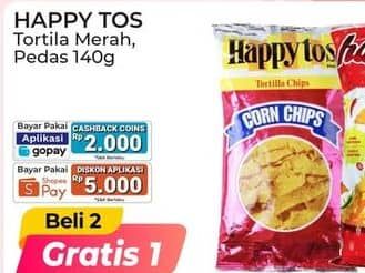 Promo Harga Happy Tos Tortilla Chips Merah, Hot Chili 140 gr - Alfamart