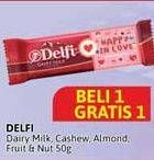 Promo Harga Delfi Chocolate Dairy Milk, Cashew, Almond, Fruit Nut 50 gr - Alfamidi