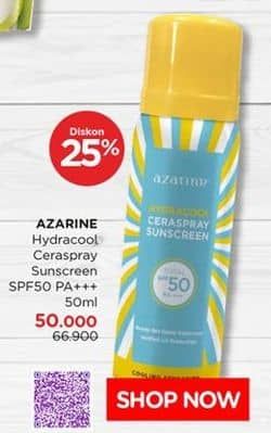 Azarine Hydracool Ceraspray Sunscreen SPF50 PA+++ 50 ml Diskon 25%, Harga Promo Rp50.000, Harga Normal Rp66.900