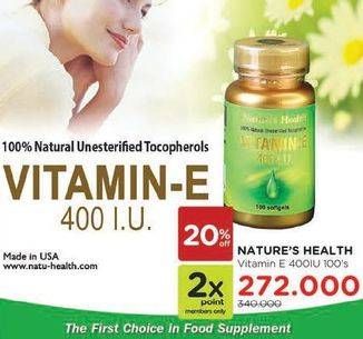 Promo Harga NATURES HEALTH Vitamin E 400 I.U. 100 pcs - Watsons