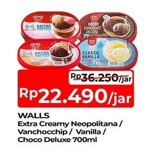 Promo Harga Walls Ice Cream Neopolitana, Chocolate Deluxe, Classic Vanilla, Chocolate Vanilla With Chocolate Chip 700 ml - TIP TOP