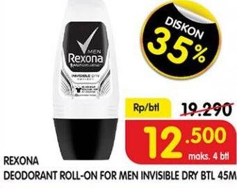 Promo Harga REXONA Men Deo Roll On Invisible Dry 45 ml - Superindo
