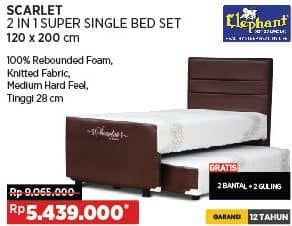 Elephant Scarlett Super Single Bed Set  Diskon 40%, Harga Promo Rp5.439.000, Harga Normal Rp9.065.000, Spesifikasi :
- 100% Rebounded Foam
- Knitted Fabric
- Medium hard Feel
- Tinggi 28 cm
- Gratis 2 Bantal + 2 Guling
- Garansi 12 Tahun