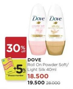 Promo Harga DOVE Deo Roll On Powder Soft, Silk Dry 40 ml - Watsons