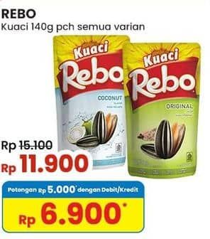 Rebo Kuaci Bunga Matahari 150 gr Diskon 21%, Harga Promo Rp11.900, Harga Normal Rp15.100, Dengan Kartu Kredit Mandiri, Debit BRI/BRImo Rp. 6.900,  Harga Spesial untuk Kartu Debit BRI min transaksi Rp100.000,Harga Spesial untuk Mandiri Kartu Kredit min transaksi Rp 150.000