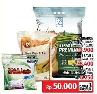Promo Harga Tanbaron Sugar Tea Jumbo Jasmine + Save L Beras Lokal + Save L Gula Pasir Lokal  - LotteMart