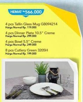 Promo Harga Tallin Glass Mug 4s + Dinner Plate 4s + Bowl 4s + Cutlery Green 8s  - Carrefour
