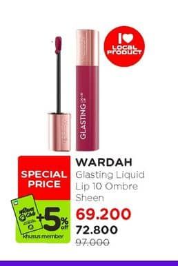 Wardah Glasting Liquid Lip  Diskon 24%, Harga Promo Rp72.800, Harga Normal Rp97.000, Khusus Member Rp. 69.200, Khusus Member