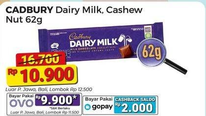 Promo Harga Cadbury Dairy Milk Original, Cashew Nut 62 gr - Alfamart