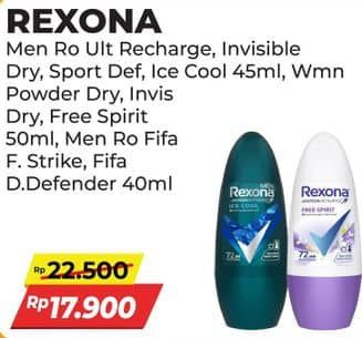Promo Harga Rexona Men Deo Roll On Ultra Recharge, Invisible Dry, Sport Defence, Ice Cool 45 ml - Alfamart