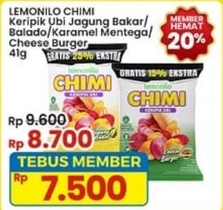 Promo Harga Lemonilo Chimi Keripik Ubi Jagung Balado, Jagung Bakar, Cheese Burger, Karamel Mentega 40 gr - Indomaret