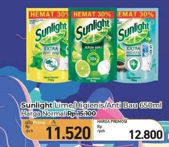 Promo Harga Sunlight Pencuci Piring Jeruk Nipis 100, Higienis Plus With Habbatussauda, Anti Bau With Daun Mint 650 ml - Carrefour