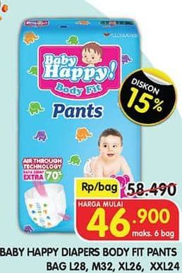 Promo Harga Baby Happy Body Fit Pants M32, L28, XL26, XXL24 24 pcs - Superindo