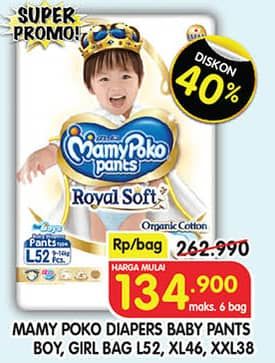 Promo Harga Mamy Poko Pants Royal Soft L52, XL46, XXL38 38 pcs - Superindo