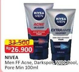 Promo Harga NIVEA MEN Facial Foam Acne Control Brightening, Dark Spot, Extra White Dark Spot, Oil Control Men Cooling 100 ml - Alfamart