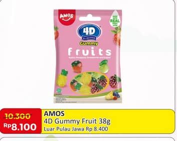 Promo Harga Amos 4D 3D+Delicious Candy Gummy Fruits 38 gr - Alfamart