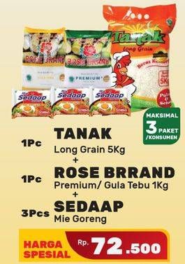 Promo Harga TANAK Long Grain 5kg, ROSE BRAND Premium/Gula Tebu 1kg, 3pcs SEDAAP Mie Goreng   - Yogya