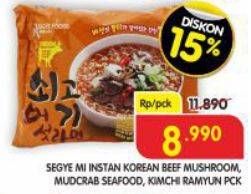 Promo Harga Segye Mie Ramyun Beef Mushroom, Mudcrab Seafood, Kimchi 114 gr - Superindo