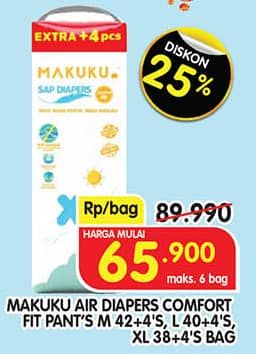Promo Harga Makuku Comfort Fit Diapers Pants M42+4, L40+4, XL38+4 42 pcs - Superindo