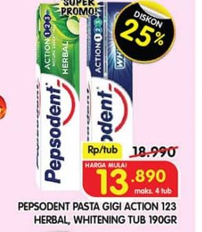 Promo Harga Pepsodent Pasta Gigi Action 123 Herbal, Whitening 190 gr - Superindo