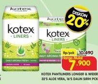 Promo Harga Kotex Fresh Liners Longer & Wider Scented Aloevera, Scented Daun Sirih 16 pcs - Superindo