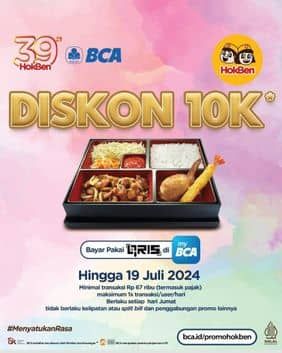 Promo HokBen Diskon Rp10.000 bagi pengguna QRIS MyBCA dan BCA Mobile

Minimum transaksi Rp67.000
Berlaku setiap hari Jumat
Periode Promo: 19 April 2024 – 19 Juli 2024