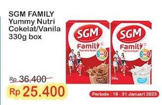 Promo Harga SGM Family Yummi Nutri Creamy Chocolate, Vanilla 330 gr - Indomaret