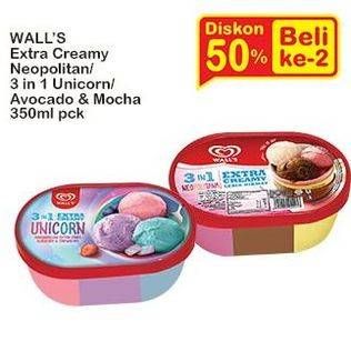 Promo Harga Walls Ice Cream Neopolitana, Unicorn 3 In 1, Avocado Choco Mocha 350 ml - Indomaret