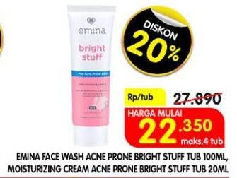 Promo Harga EMINA Bright Stuff Moisturizing Cream 20ml/Bright Stuff Face Wash 100ml  - Superindo