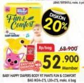 Baby Happy Baby Diapers Pants Fun & Comfort 32 pcs Diskon 23%, Harga Promo Rp52.900, Harga Normal Rp68.900, Maksimal 6 bag, Khusus Member