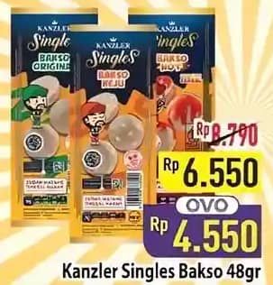 Kanzler Singles Bakso 48 gr Diskon 48%, Harga Promo Rp4.550, Harga Normal Rp8.790, Tanpa OVO Rp. 6.550, Harga Spesial untuk OVO min transaksi Rp100.000