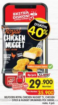 Promo Harga BELFOODS Royal Nugget Chicken Nugget Drummies, Chicken Nugget S, Chicken Nugget Stick, Cordon Bleu 500 gr - Superindo