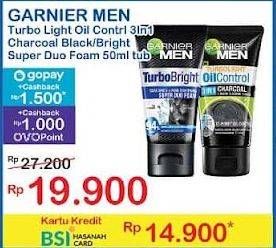 Promo Harga Garnier Men Turbo Light Oil Control Facial Foam 3in1 Charcoal, Super Duo Whitening + Oil Control 50 ml - Indomaret