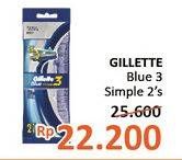 Promo Harga GILLETTE Blue 3 Simple 2 pcs - Alfamidi
