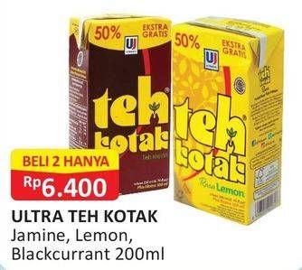 Promo Harga ULTRA Teh Kotak Jasmine, Lemon, Blackcurrant per 2 box 200 ml - Alfamart