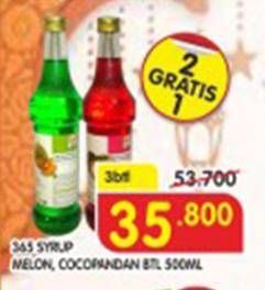 Promo Harga 365 Syrup Melon, Cocopandan per 3 botol 500 ml - Superindo