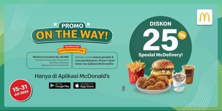 Promo McD Nikmati diskon 25% spesial McDelivery dengan Promo On The Way! Masukkan kode promo OTWMEKDIYUK di McDelivery lewat Aplikasi McDonald's dan dapatkan potongan harga untuk setiap transaksi minimal Rp125.000.