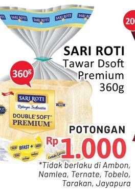 Promo Harga Sari Roti Tawar Double Soft Premium 360 gr - Alfamidi