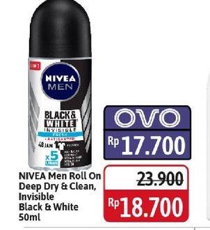 Promo Harga Nivea Men Deo Roll On Black White Invisible Original, Dry Clean 50 ml - Alfamidi