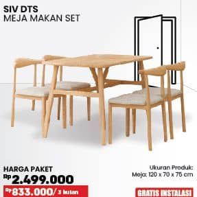 Pira SIV DTS Meja Makan Set 4 Kursi  Harga Promo Rp2.499.000, Cicilan : Rp 833.000/3 bulan

Ukuran Produk:
Meja: 120 x 70 x 75 cm

GRATIS INSTALASI