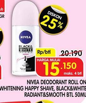Promo Harga NIVEA Deo Roll On Whitening Happy Shave, Black White Invisible Radiant Smooth 50 ml - Superindo